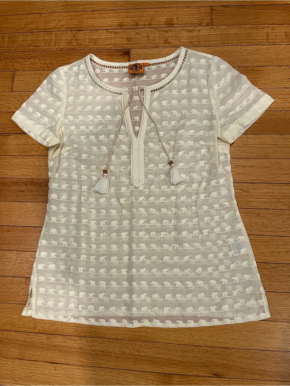 Tory Burch Cream Tassel-Front Embroidered Short Sleeve Tunic